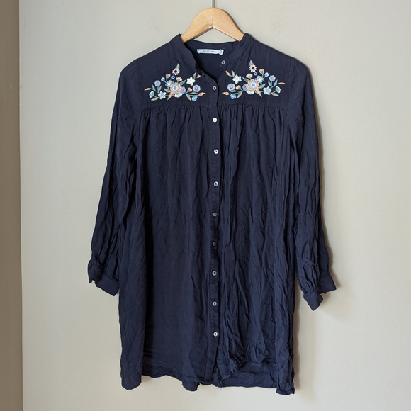Ellison Gray Floral Embroidered Button Up Pocketed Shirt Dress Sz S - Picture 1 of 6